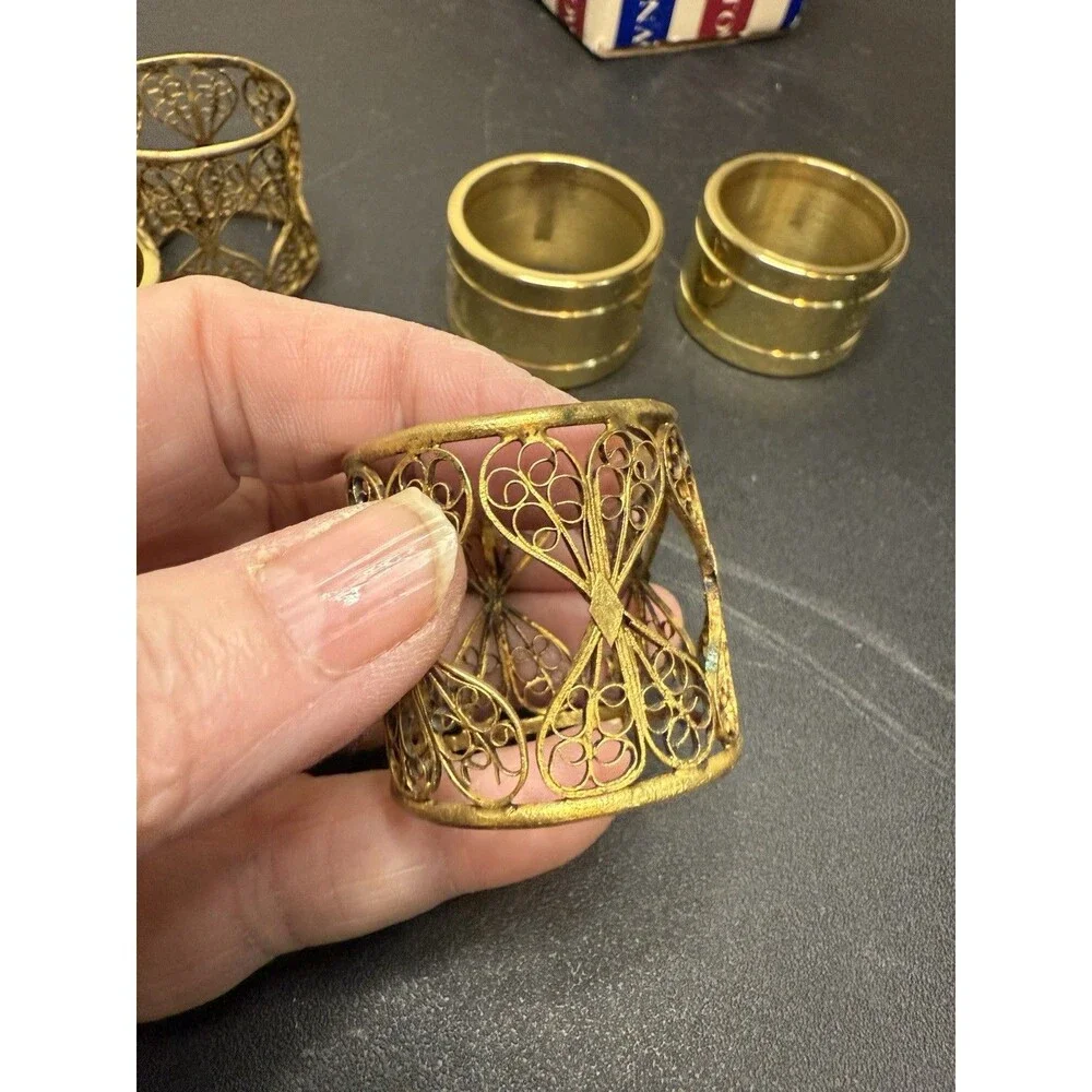 3 Baldwin Napkin Rings Ribbed Pinstripe Heavy + 2 Misc wire rings